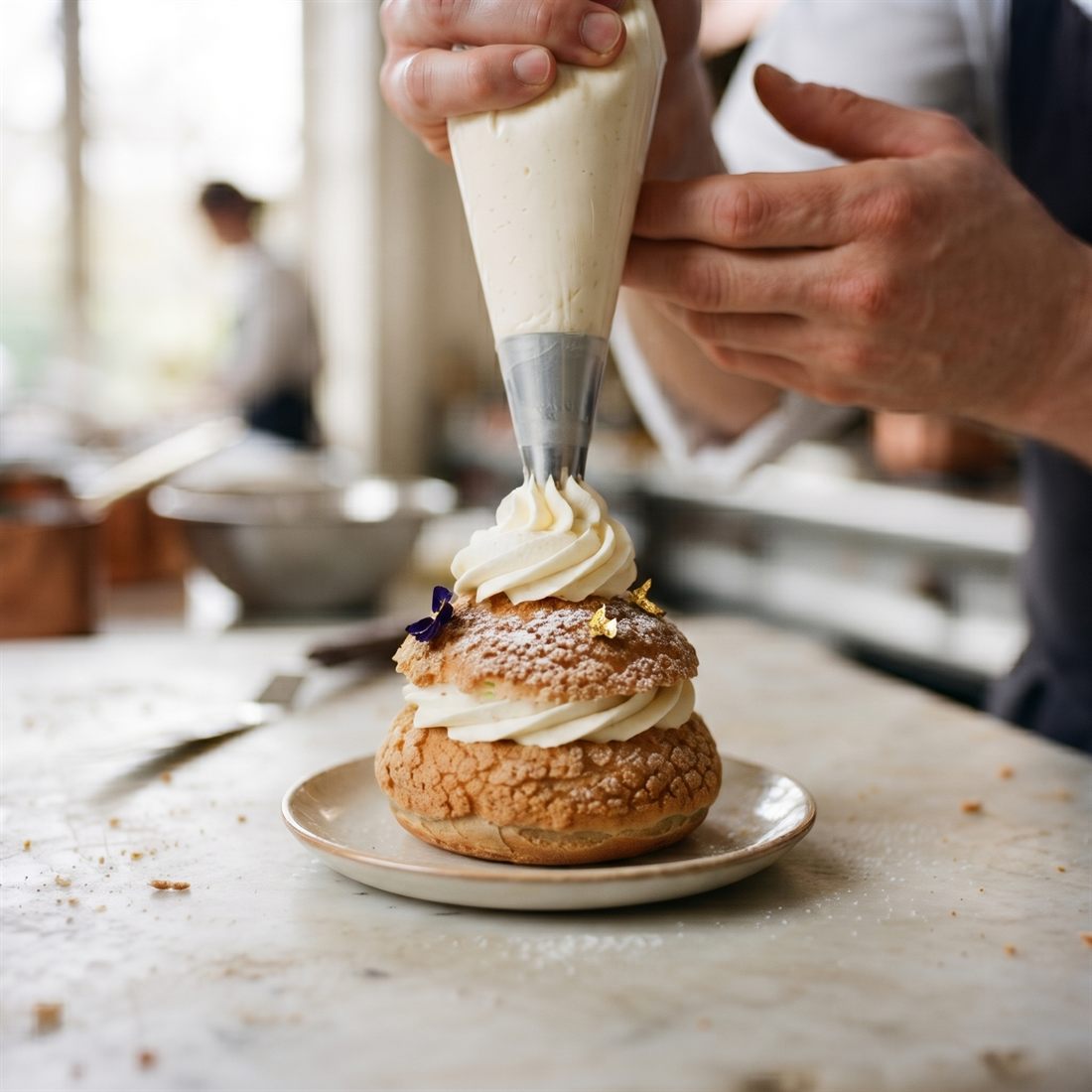Chou à la vanille garni à la poche, crème montée et craquelin doré