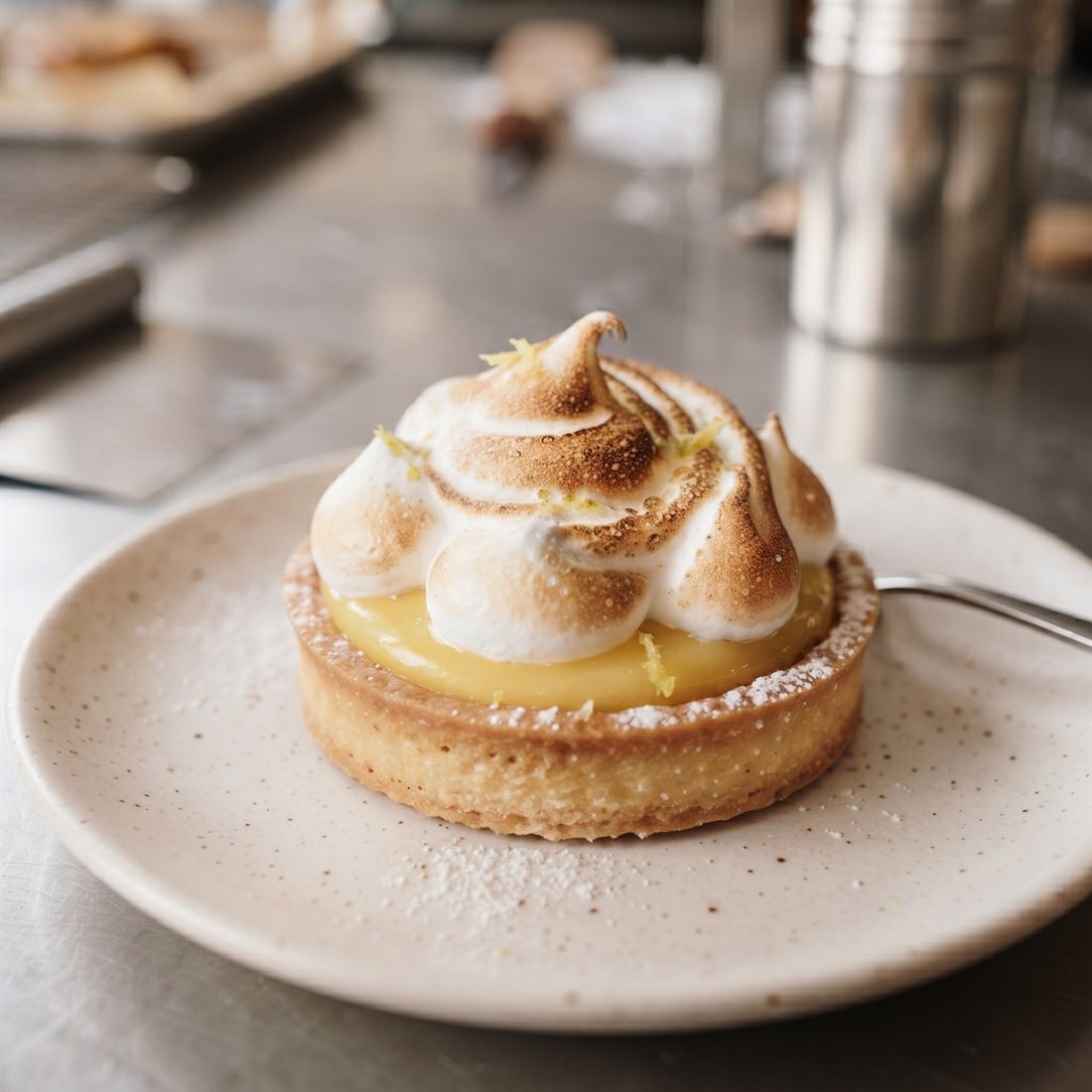 Tartelette au citron meringuée, meringue brûlée et zestes de citron