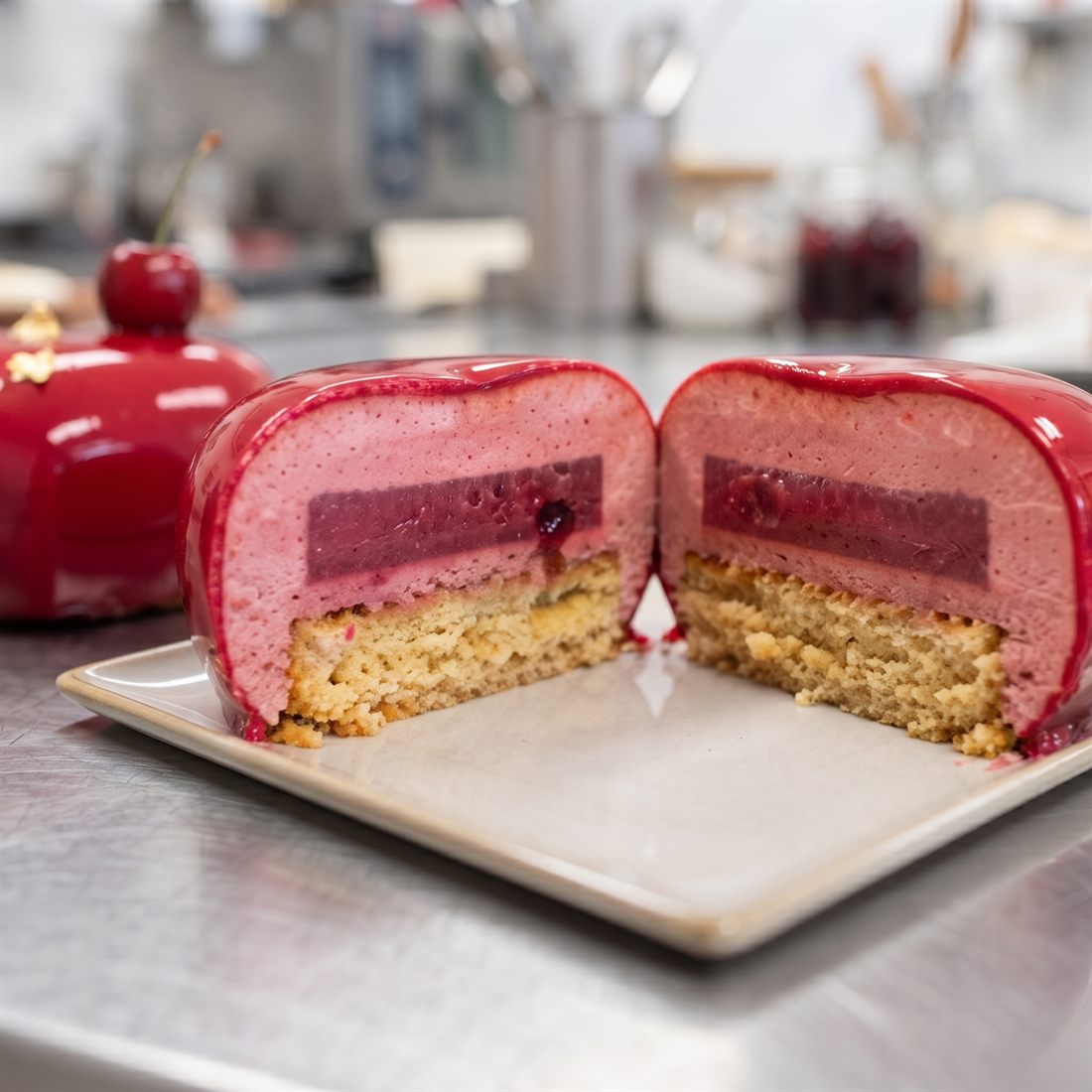 Cœur Cerise coupé en deux : mousse et insert griotte sur biscuit amande, glaçage miroir rouge