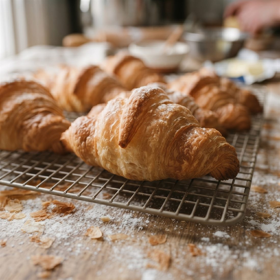 Croissants pur beurre tièdes sur une grille de refroidissement