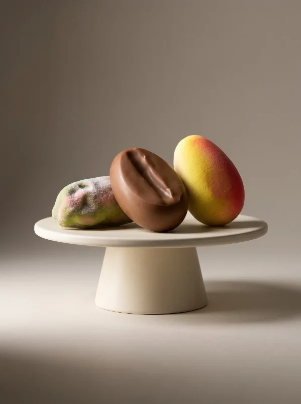 Trompe-l'œil en chocolat et pâte d'amande présentés sur un présentoir